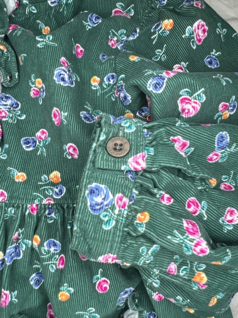 OshKosh B'gosh Green Long Sleeve Floral Corduroy Dress Girls Sz 3T.